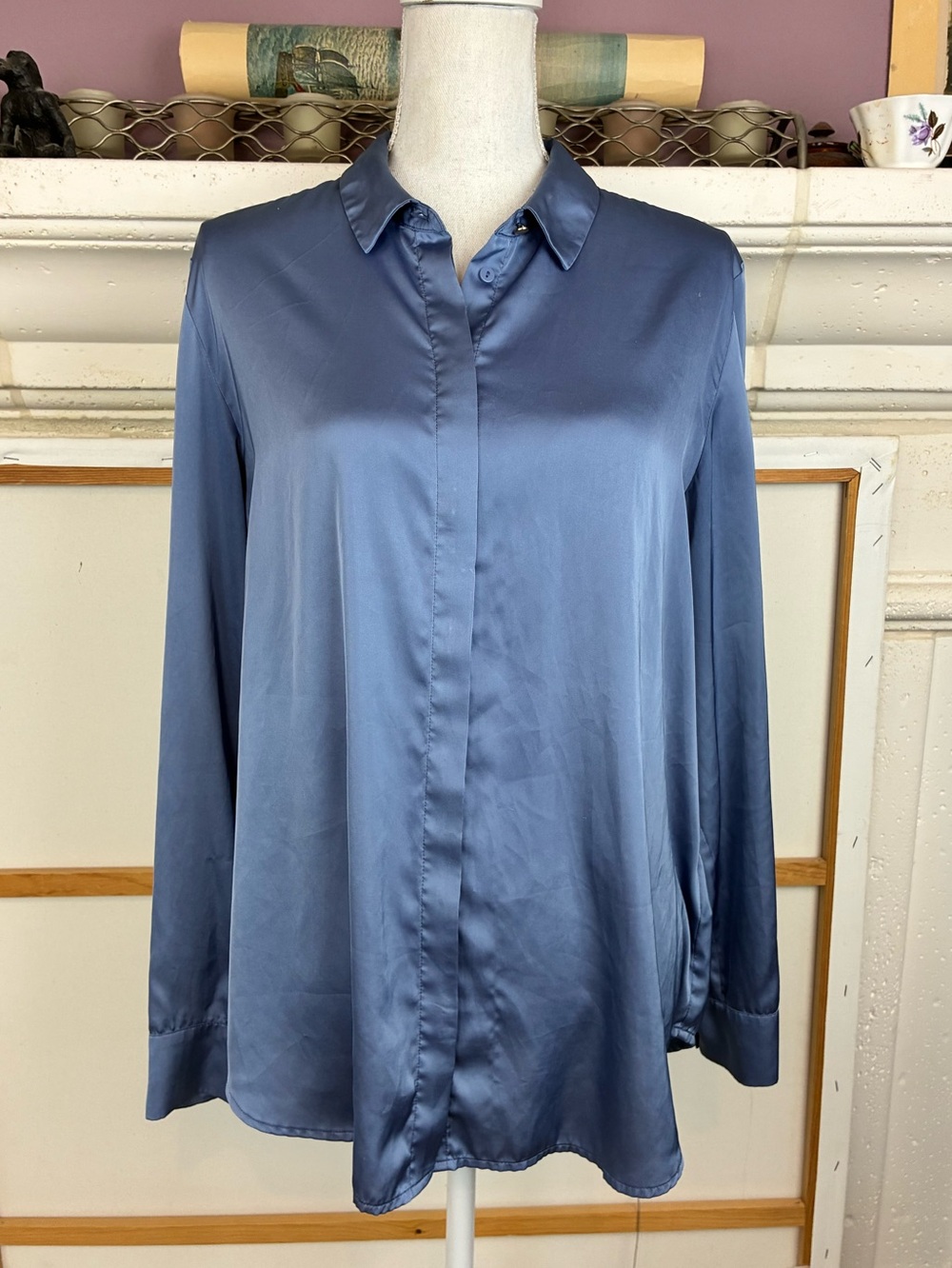 H&M Satin Button-Front Blouse -Slate Blue Style Many ways!